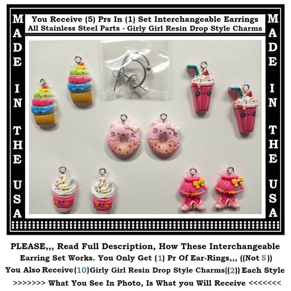 5/$10 Sweet Ice Cream Donut Food Interchangeable Charm Earrings-5 Pairs in Set - Picture 1 of 5